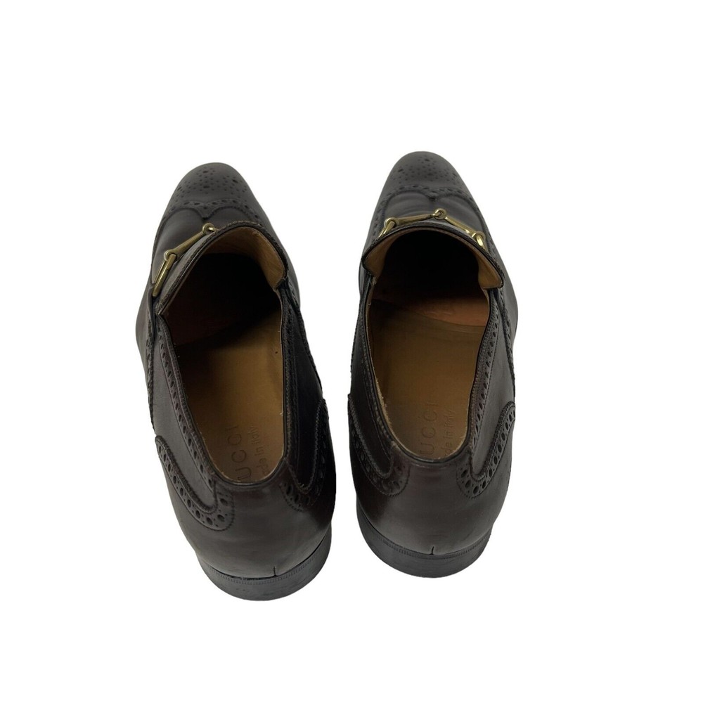 Gucci Men Shoes Brown Leather Sz 8.5 Loafer Slip On Horsebit Wingtip Italy - Picture 5 of 12